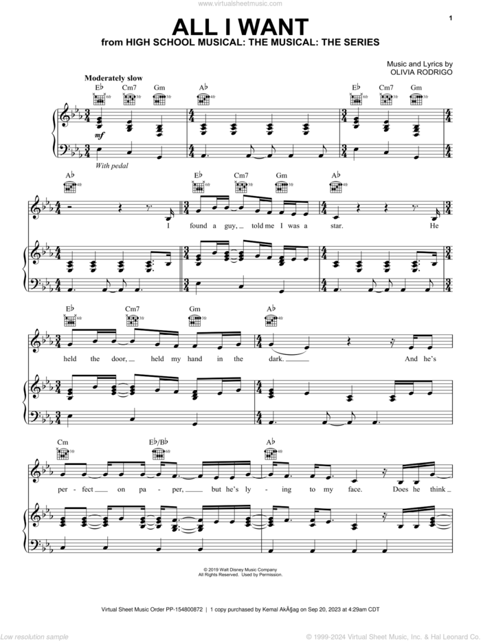 All I Want (from High School Musical: The Musical: The Series) sheet music for voice, piano or guitar by Olivia Rodrigo, intermediate skill level