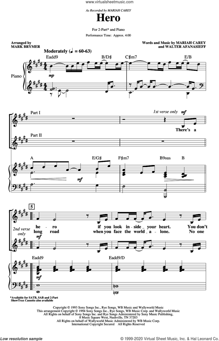 Hero (arr. Mark Brymer) sheet music for choir (2-Part) by Mariah Carey, Mark Brymer and Walter Afanasieff, intermediate duet