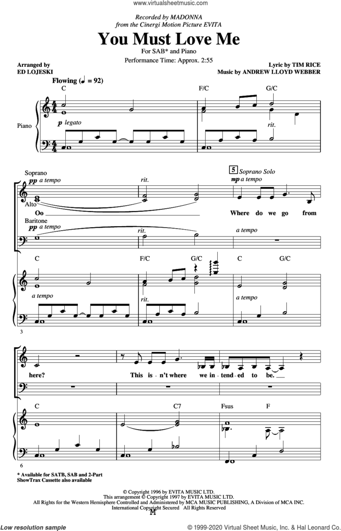 You Must Love Me (from Evita) (arr. Ed Lojeski) sheet music for choir (SAB: soprano, alto, bass) by Madonna, Ed Lojeski, Andrew Lloyd Webber and Tim Rice, intermediate skill level