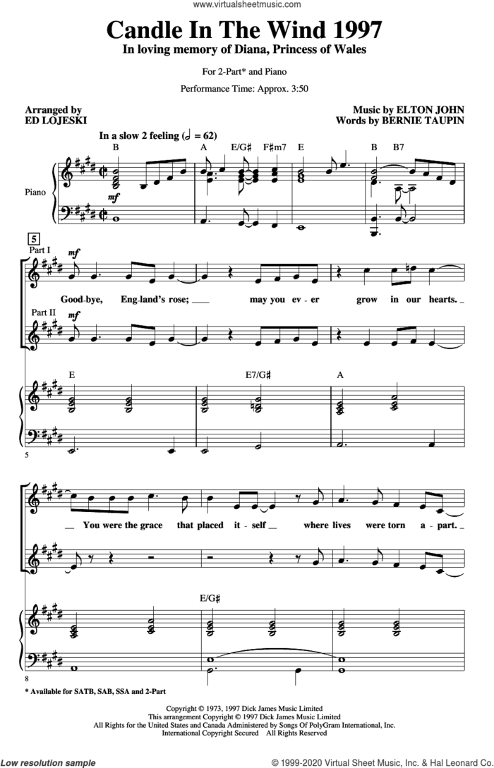 Candle In The Wind (arr. Ed Lojeski) sheet music for choir (2-Part) by Elton John, Ed Lojeski and Bernie Taupin, intermediate duet