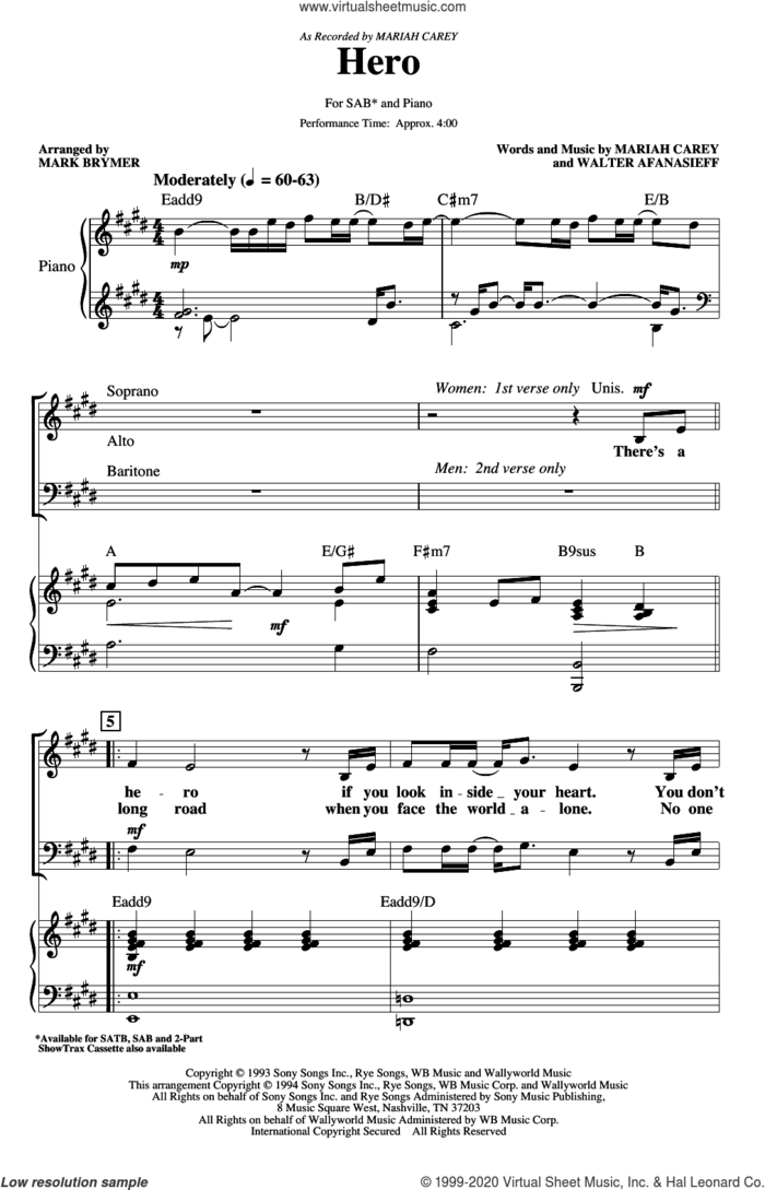 Hero (arr. Mark Brymer) sheet music for choir (SAB: soprano, alto, bass) by Mariah Carey, Mark Brymer and Walter Afanasieff, intermediate skill level