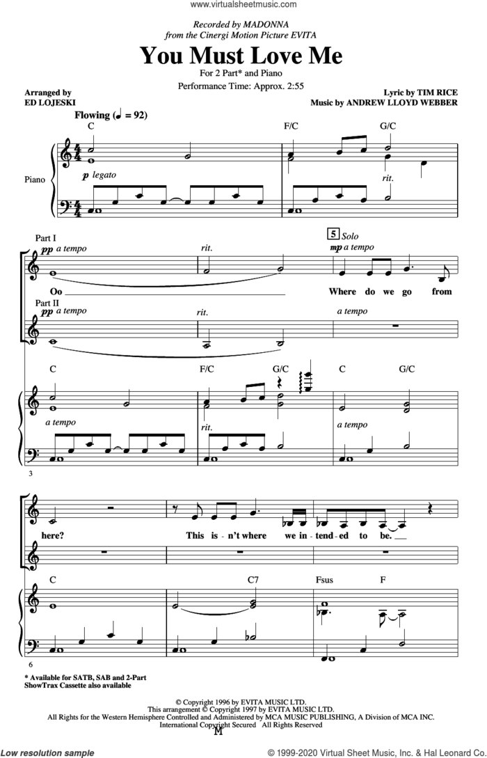 You Must Love Me (from Evita) (arr. Ed Lojeski) sheet music for choir (2-Part) by Madonna, Ed Lojeski, Andrew Lloyd Webber and Tim Rice, intermediate duet