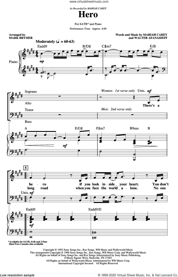 Hero (arr. Mark Brymer) sheet music for choir (SATB: soprano, alto, tenor, bass) by Mariah Carey, Mark Brymer and Walter Afanasieff, intermediate skill level