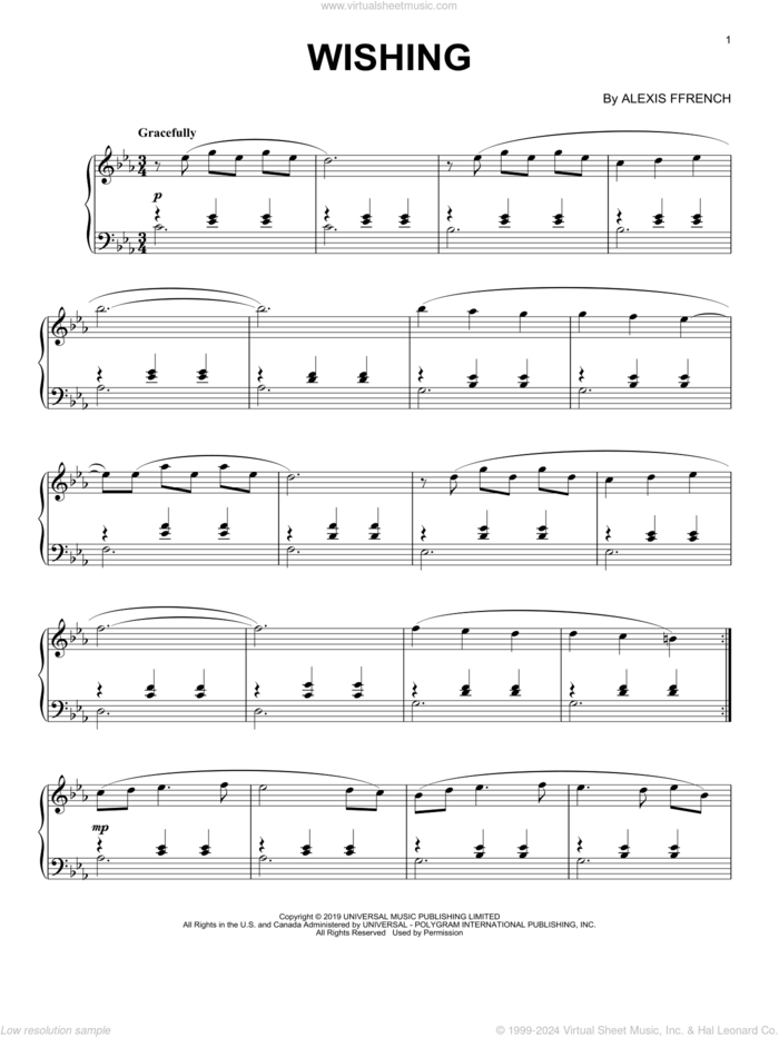 Wishing sheet music for piano solo by Alexis Ffrench, classical score, intermediate skill level