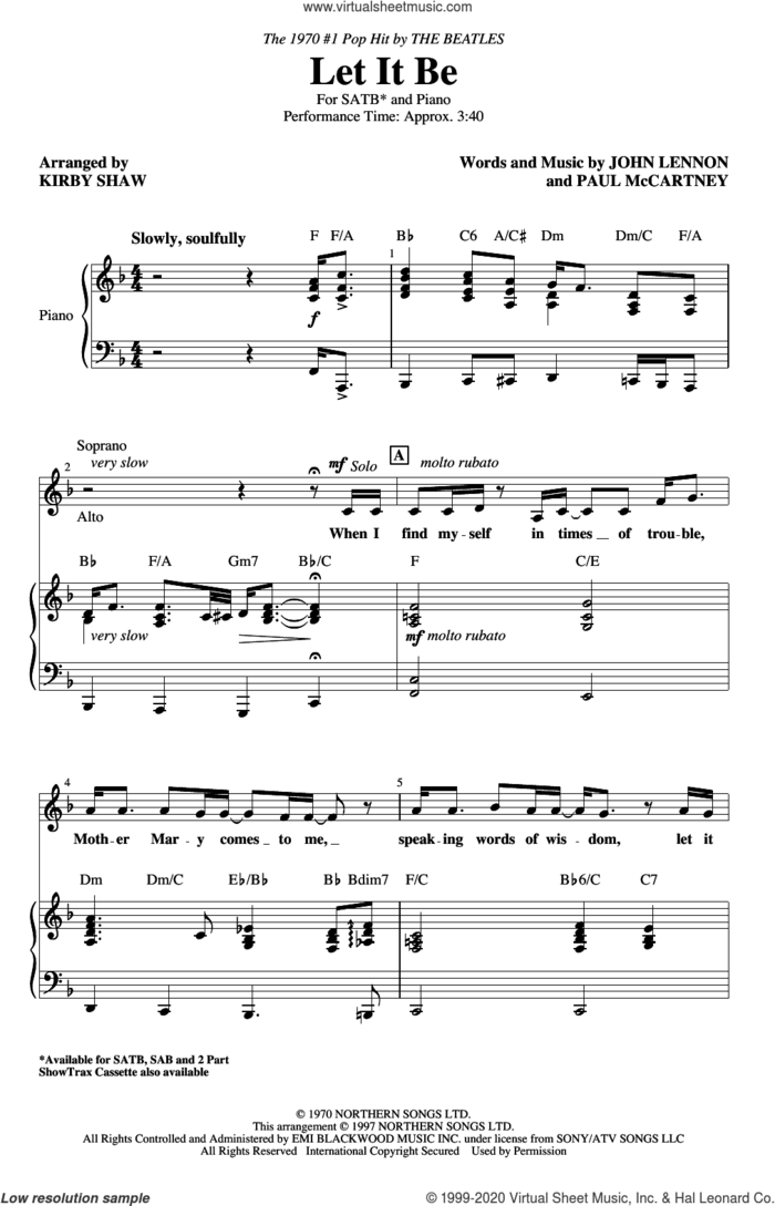 Let It Be (arr. Kirby Shaw) sheet music for choir (SATB: soprano, alto, tenor, bass) by The Beatles, Kirby Shaw, John Lennon and Paul McCartney, intermediate skill level