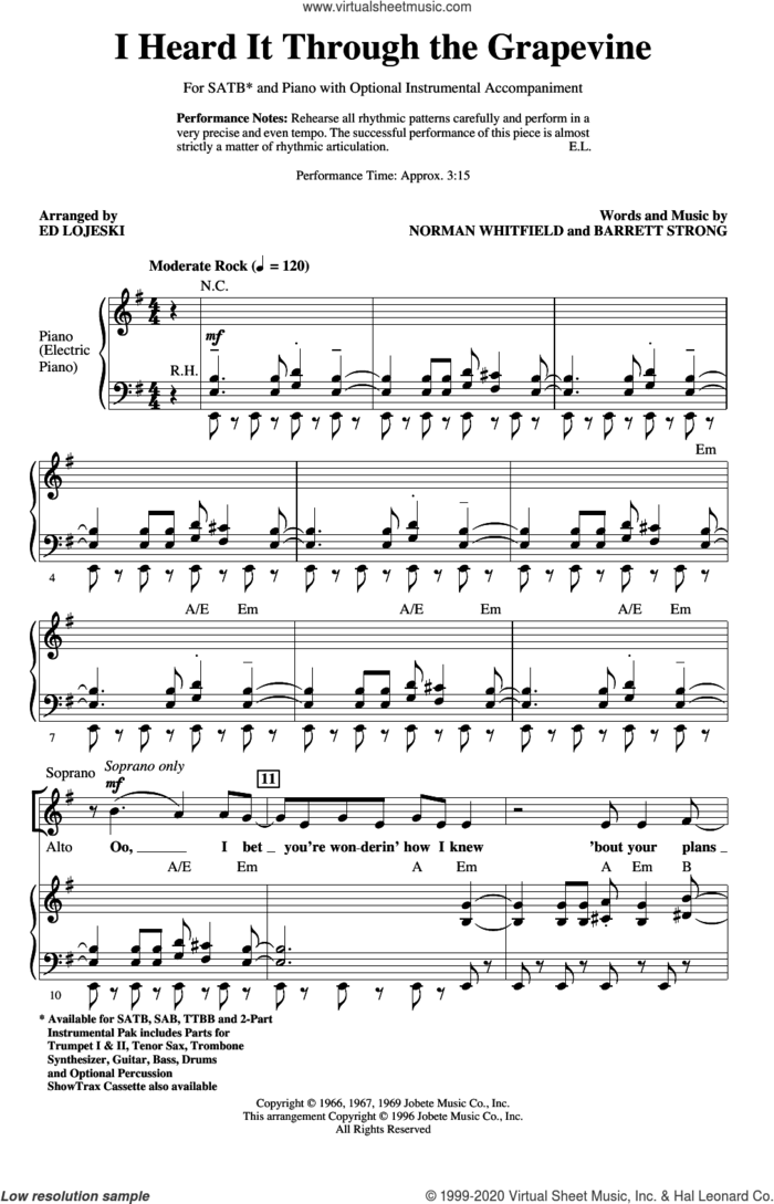 I Heard It Through The Grapevine (arr. Ed Lojeski) sheet music for choir (SATB: soprano, alto, tenor, bass) by Marvin Gaye, Ed Lojeski, Barrett Strong and Norman Whitfield, intermediate skill level