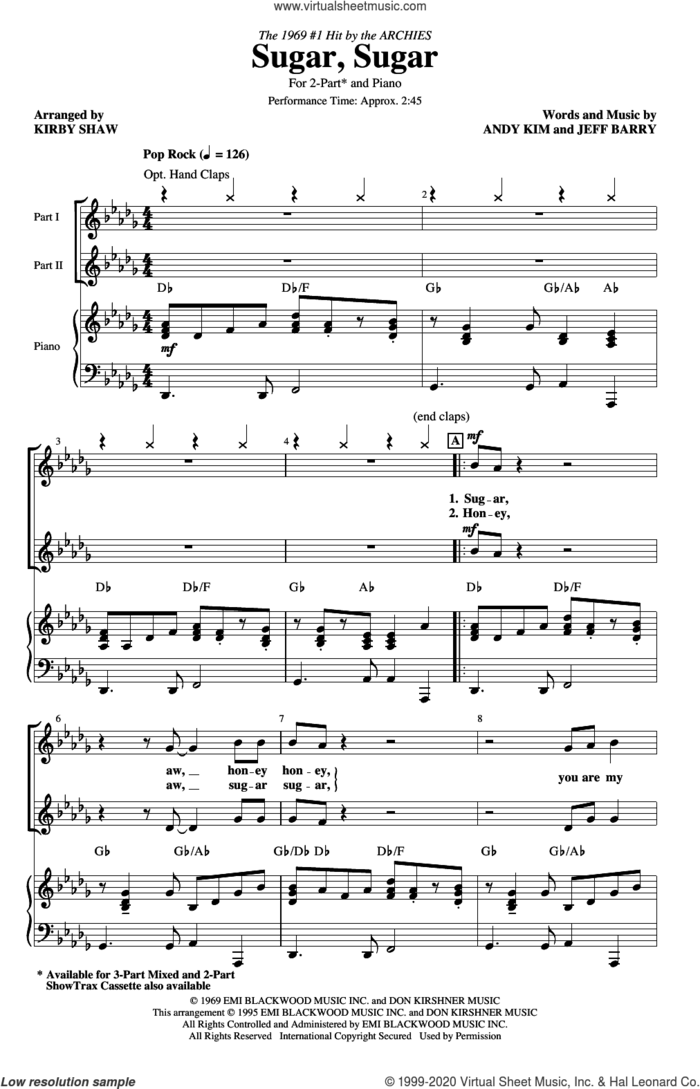 Sugar, Sugar (arr. Kirby Shaw) sheet music for choir (2-Part) by The Archies, Kirby Shaw, Andy Kim and Jeff Barry, intermediate duet