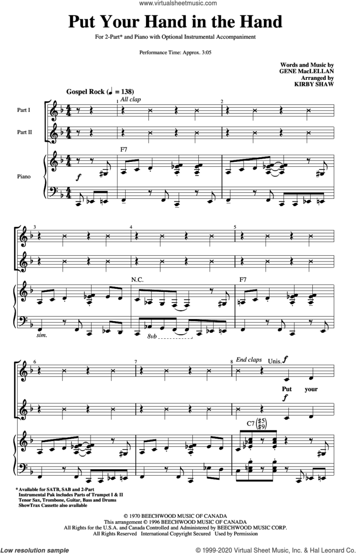 Put Your Hand In The Hand (arr. Kirby Shaw) sheet music for choir (2-Part) by Gene MacLellan, Kirby Shaw and MacLellan and Ocean, intermediate duet