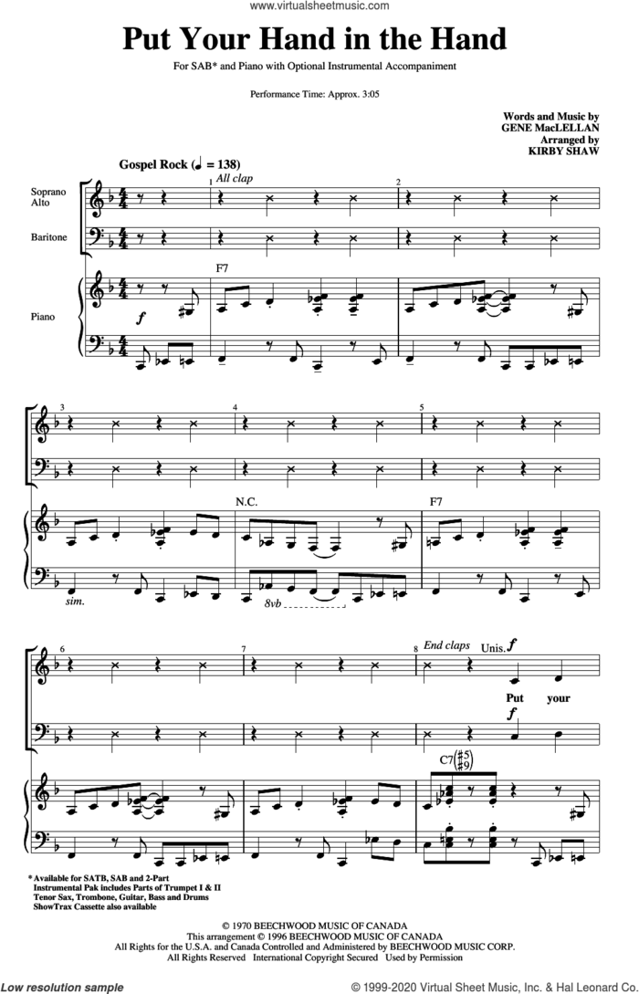 Put Your Hand In The Hand (arr. Kirby Shaw) sheet music for choir (SAB: soprano, alto, bass) by Gene MacLellan, Kirby Shaw and MacLellan and Ocean, intermediate skill level
