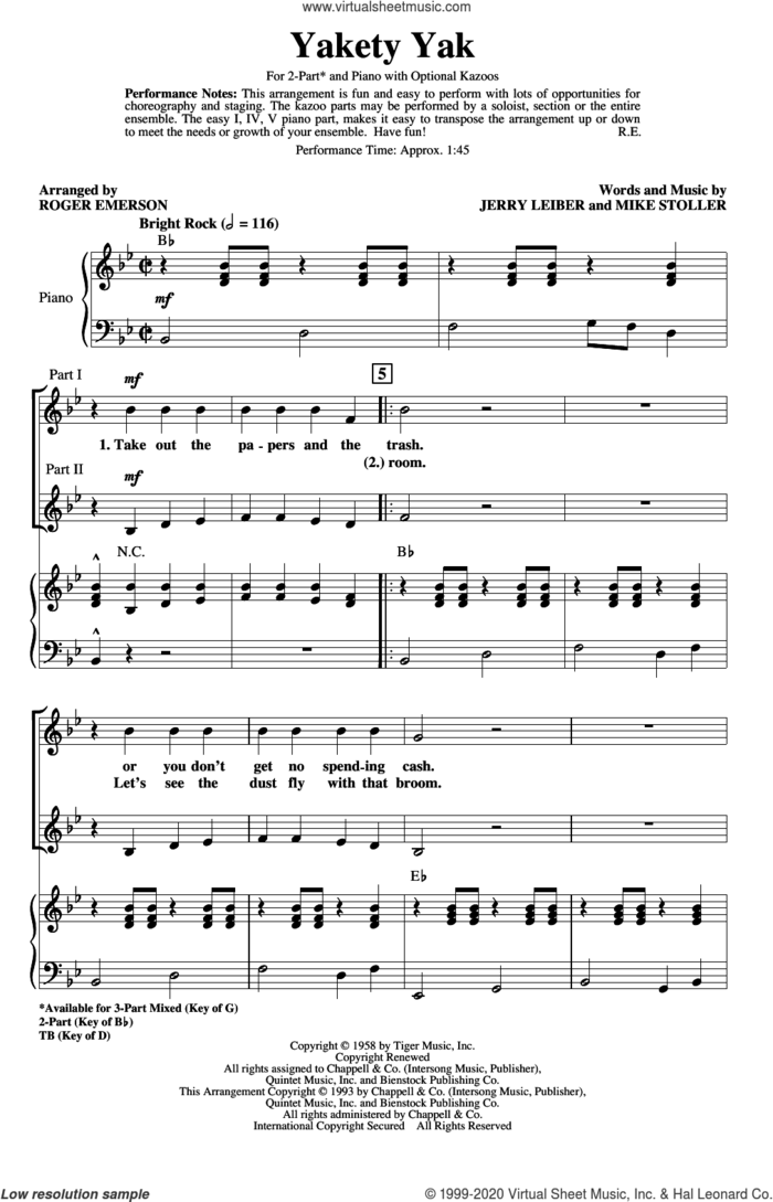 Yakety Yak (arr. Roger Emerson) sheet music for choir (2-Part) by The Coasters, Roger Emerson, Jerry Leiber and Mike Stoller, intermediate duet