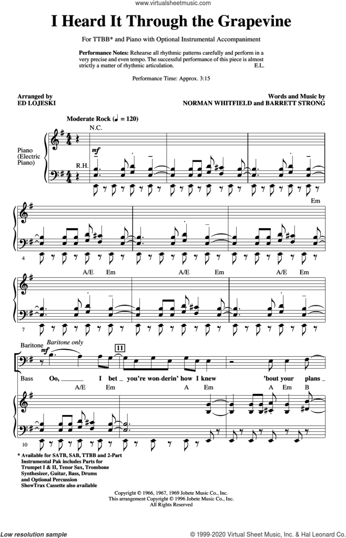 I Heard It Through The Grapevine (arr. Ed Lojeski) sheet music for choir (TTBB: tenor, bass) by Marvin Gaye, Ed Lojeski, Barrett Strong and Norman Whitfield, intermediate skill level