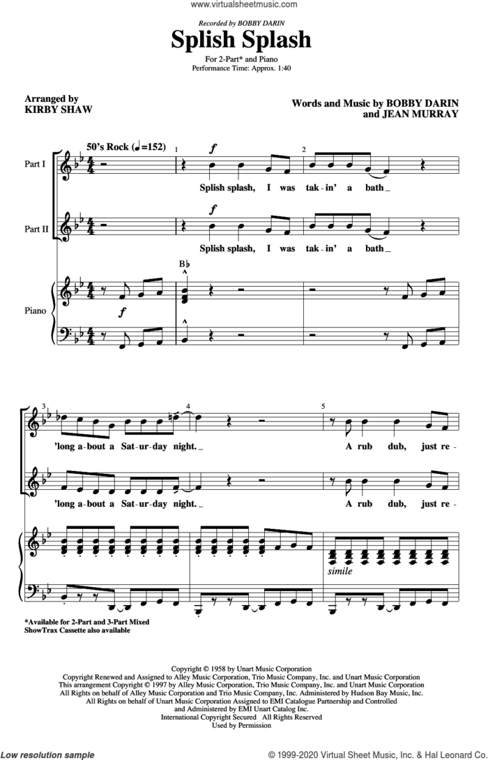 Splish Splash (arr. Kirby Shaw) sheet music for choir (2-Part) by Bobby Darin, Kirby Shaw and Jean Murray, intermediate duet