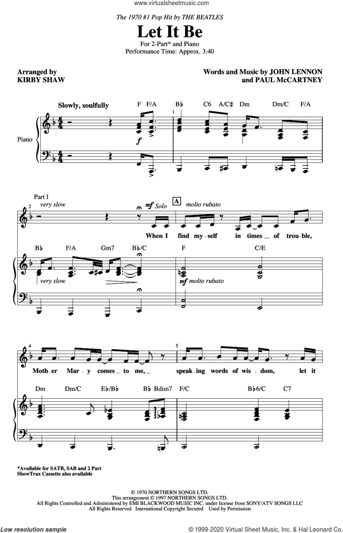 Let It Be (arr. Kirby Shaw) sheet music for choir (2-Part) by The Beatles, Kirby Shaw, John Lennon and Paul McCartney, intermediate duet