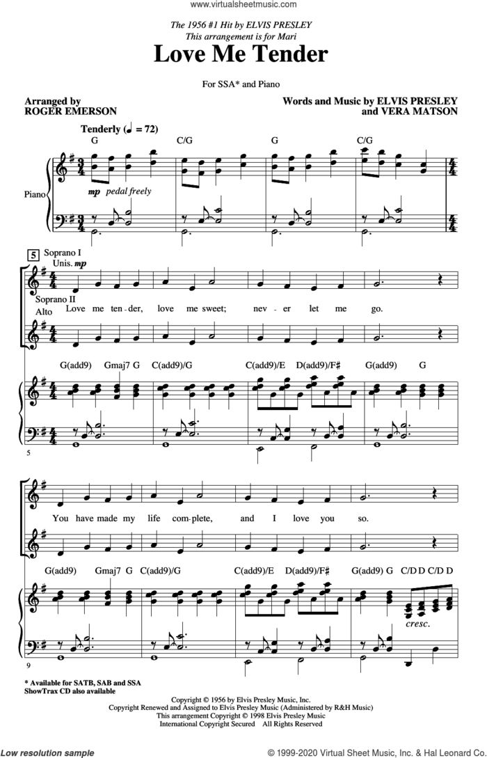 Love Me Tender (arr. Roger Emerson) sheet music for choir (SSA: soprano, alto) by Elvis Presley, Roger Emerson and Vera Matson, wedding score, intermediate skill level