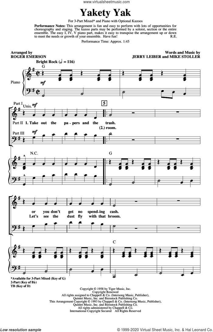 Yakety Yak (arr. Roger Emerson) sheet music for choir (3-Part Mixed) by The Coasters, Roger Emerson, Jerry Leiber and Mike Stoller, intermediate skill level