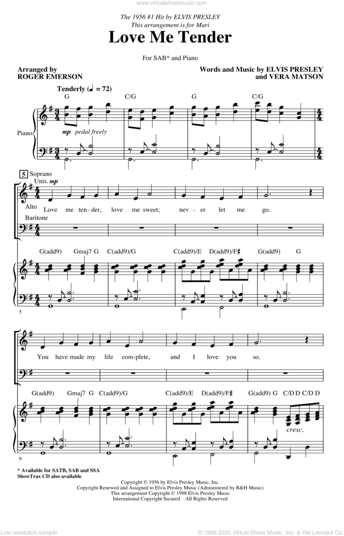 Love Me Tender (arr. Roger Emerson) sheet music for choir (SAB: soprano, alto, bass) by Elvis Presley, Roger Emerson and Vera Matson, wedding score, intermediate skill level