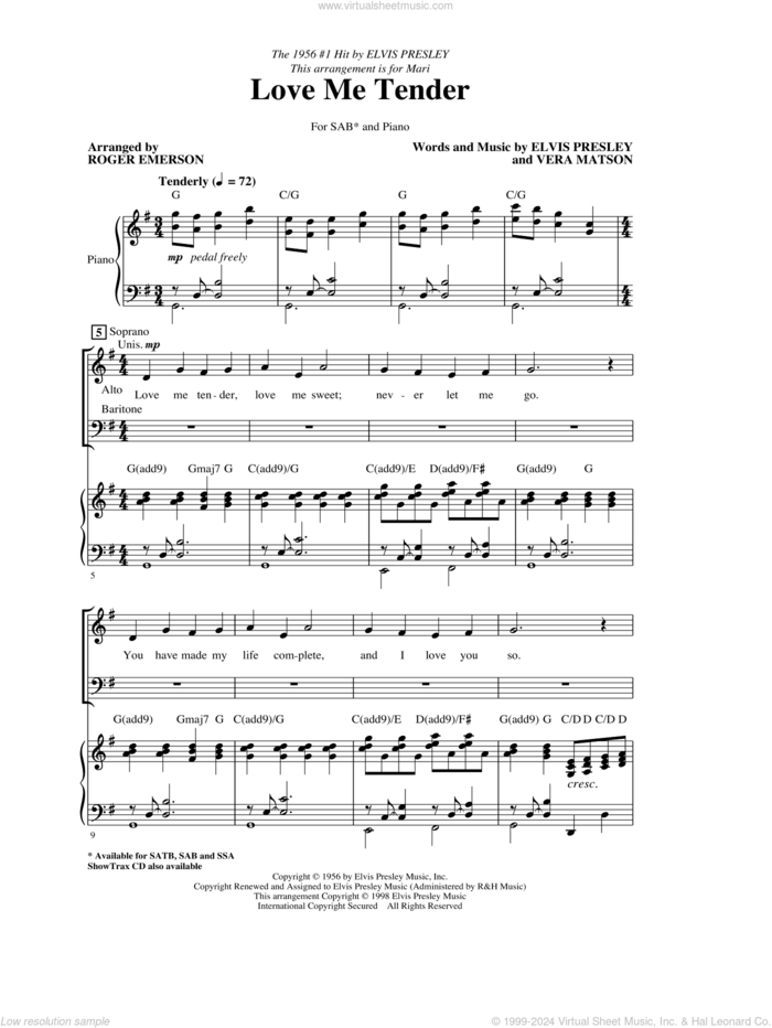 Love Me Tender (arr. Roger Emerson) sheet music for choir (SAB: soprano, alto, bass) by Elvis Presley, Roger Emerson and Vera Matson, wedding score, intermediate skill level