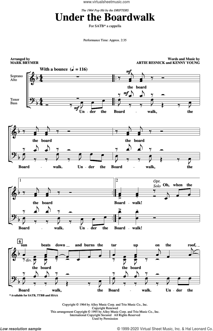 Under The Boardwalk (arr. Mark Brymer) sheet music for choir (SATB: soprano, alto, tenor, bass) by The Drifters, Mark Brymer, Artie Resnick and Kenny Young, intermediate skill level