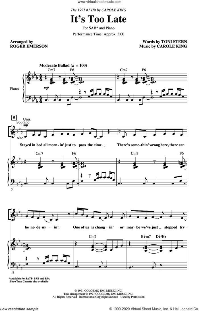 It's Too Late (arr. Roger Emerson) sheet music for choir (SAB: soprano, alto, bass) by Carole King, Roger Emerson and Toni Stern, intermediate skill level