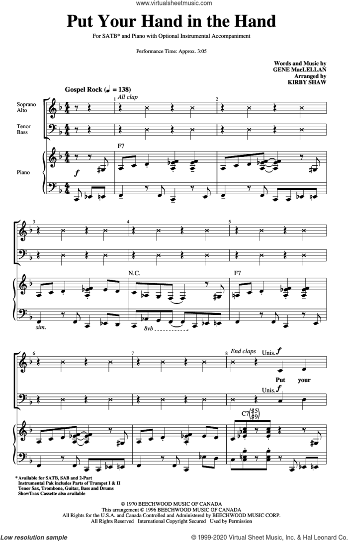 Put Your Hand In The Hand (arr. Kirby Shaw) sheet music for choir (SATB: soprano, alto, tenor, bass) by Gene MacLellan, Kirby Shaw and MacLellan and Ocean, intermediate skill level