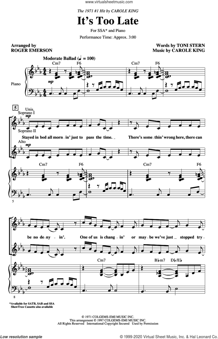 It's Too Late (arr. Roger Emerson) sheet music for choir (SSA: soprano, alto) by Carole King, Roger Emerson and Toni Stern, intermediate skill level