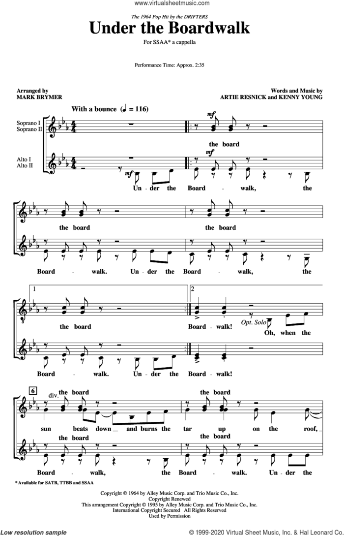 Under The Boardwalk (arr. Mark Brymer) sheet music for choir (SSA: soprano, alto) by The Drifters, Mark Brymer, Artie Resnick and Kenny Young, intermediate skill level