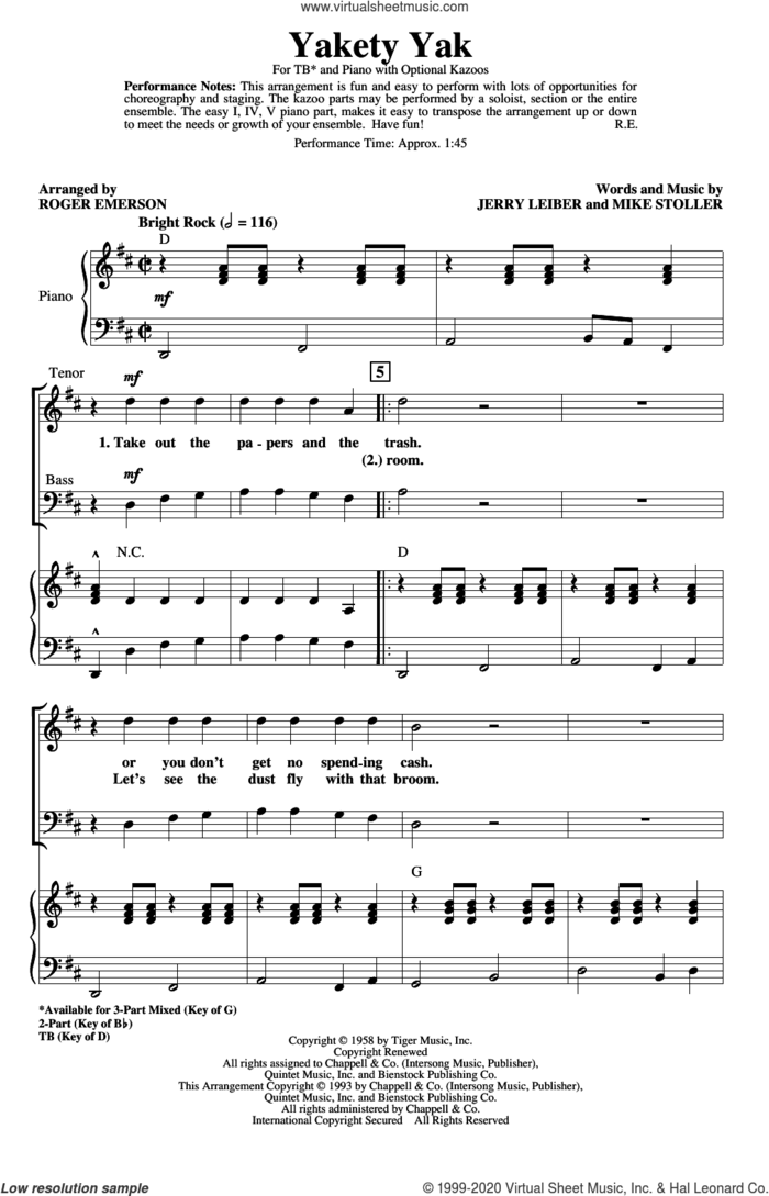 Yakety Yak (arr. Roger Emerson) sheet music for choir (TB: tenor, bass) by The Coasters, Roger Emerson, Jerry Leiber and Mike Stoller, intermediate skill level