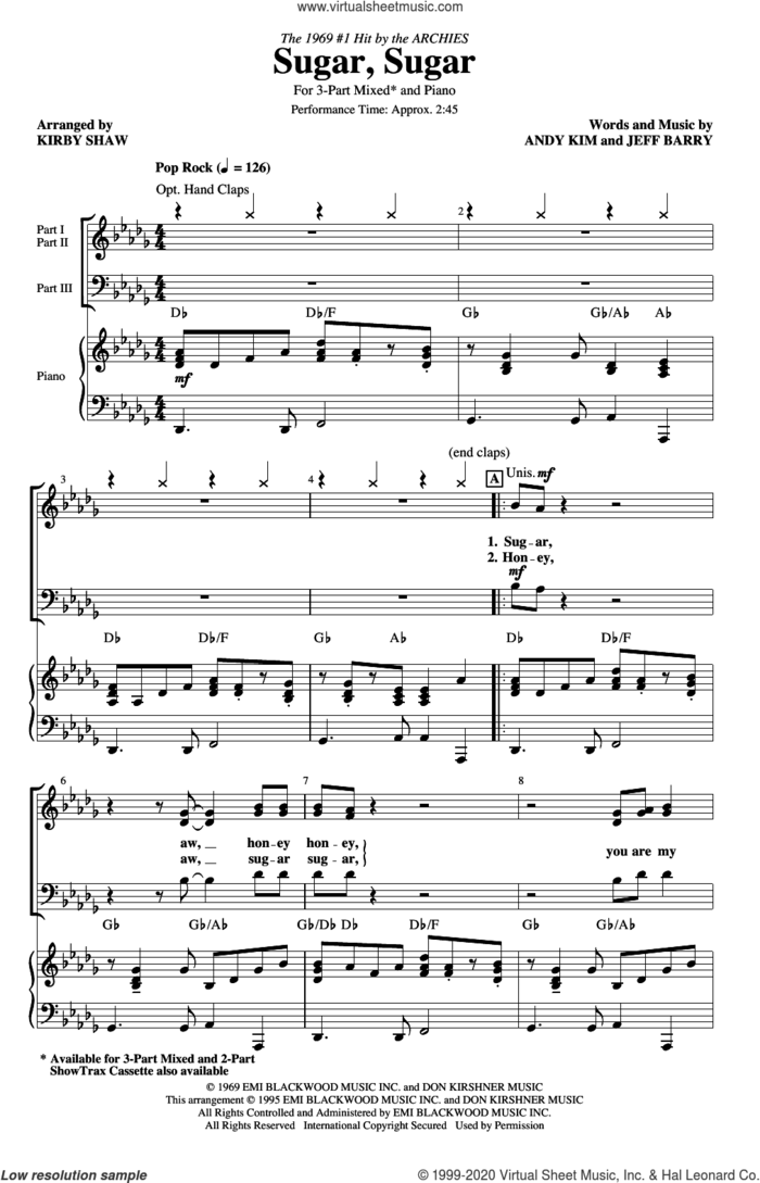 Sugar, Sugar (arr. Kirby Shaw) sheet music for choir (3-Part Mixed) by The Archies, Kirby Shaw, Andy Kim and Jeff Barry, intermediate skill level