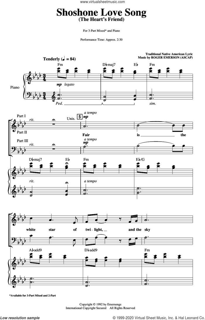 Shoshone Love Song (The Heart's Friend) sheet music for choir (3-Part Mixed) by Roger Emerson, intermediate skill level