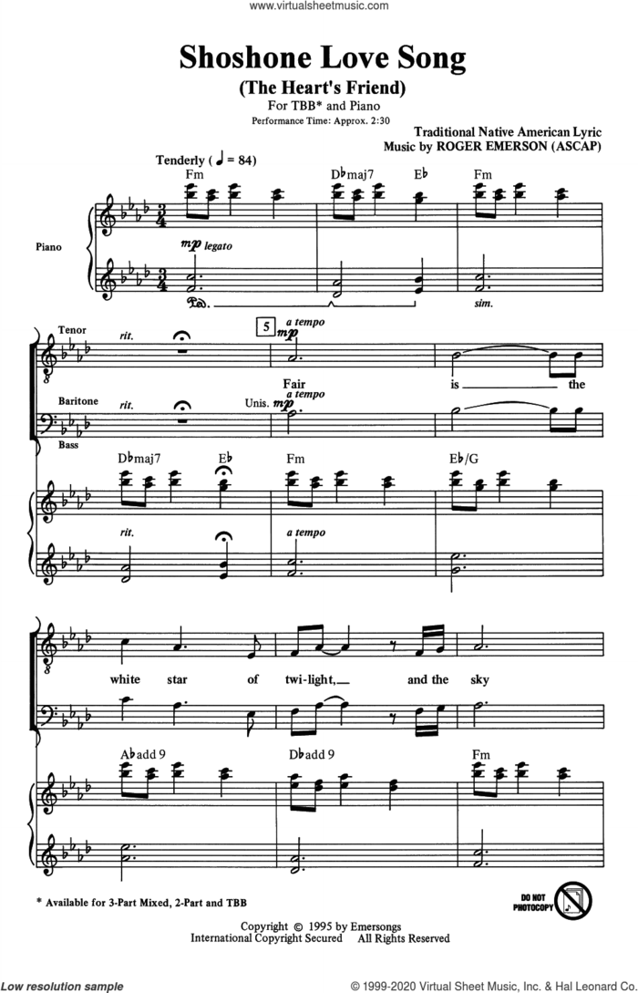 Shoshone Love Song (The Heart's Friend) sheet music for choir (TBB: tenor, bass) by Roger Emerson, intermediate skill level
