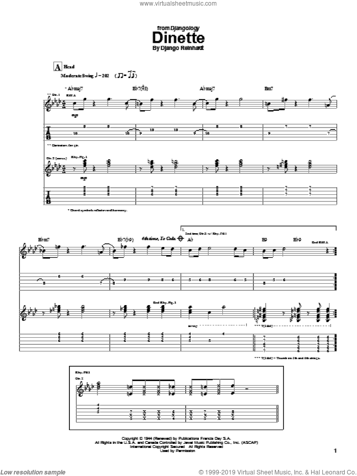 Dinette sheet music for guitar (tablature) by Django Reinhardt, intermediate skill level