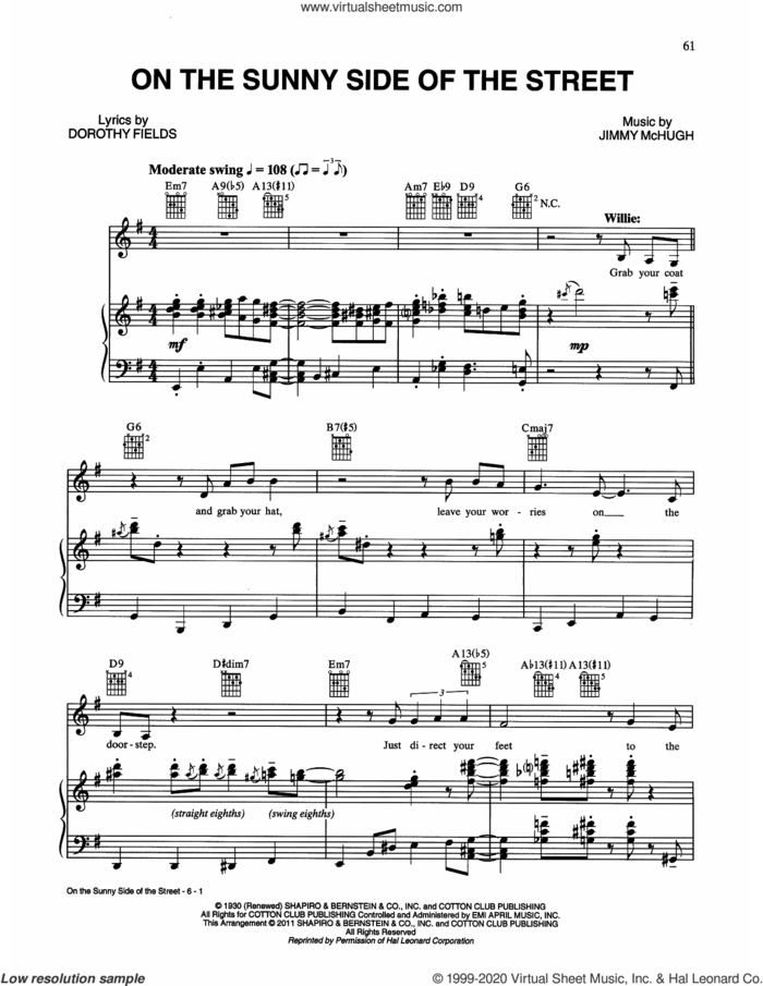 On The Sunny Side Of The Street sheet music for voice, piano or guitar by Tony Bennett & Willie Nelson, Dorothy Fields and Jimmy McHugh, intermediate skill level