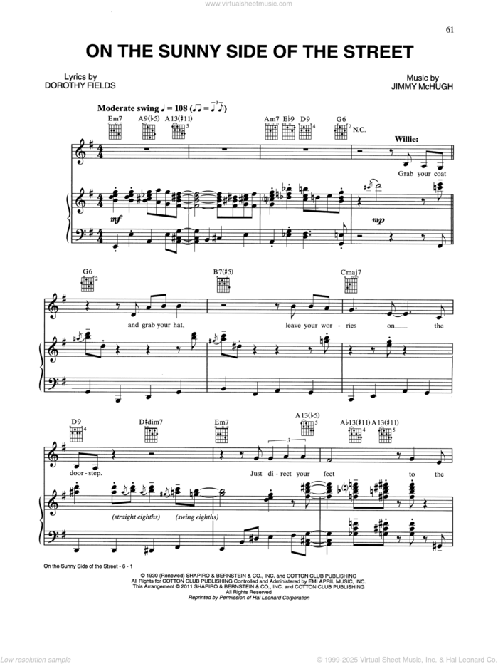 On The Sunny Side Of The Street sheet music for voice, piano or guitar by Tony Bennett & Willie Nelson, Dorothy Fields and Jimmy McHugh, intermediate skill level