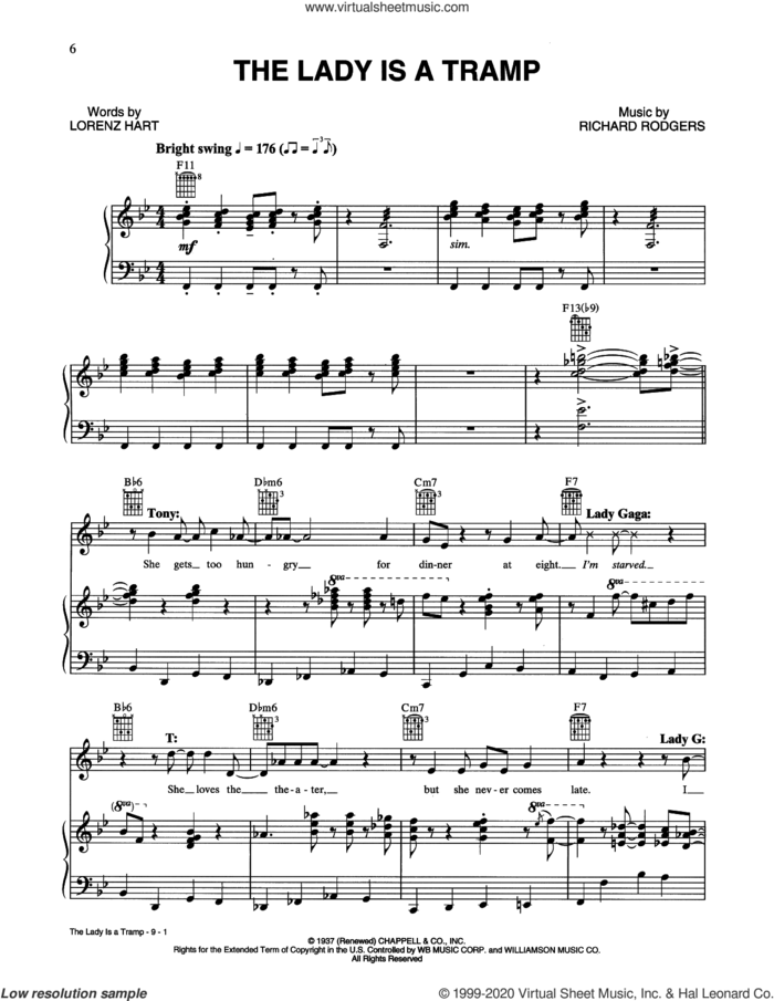 The Lady Is A Tramp sheet music for voice, piano or guitar by Tony Bennett & Lady Gaga, Lorenz Hart and Richard Rodgers, intermediate skill level