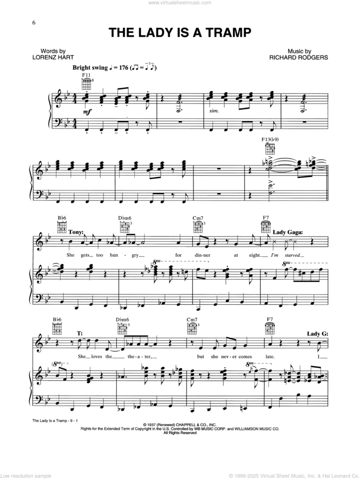 The Lady Is A Tramp sheet music for voice, piano or guitar by Tony Bennett & Lady Gaga, Lorenz Hart and Richard Rodgers, intermediate skill level