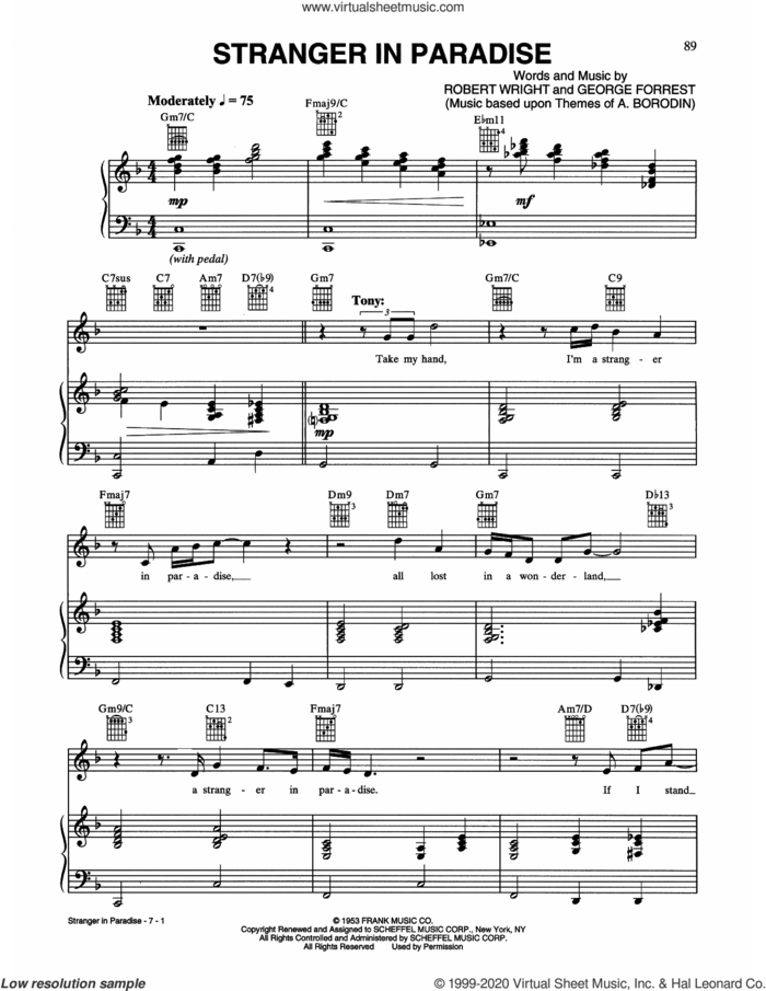 Stranger In Paradise sheet music for voice, piano or guitar by Tony Bennett & Andrea Bocelli, George Forrest and Robert Wright, intermediate skill level