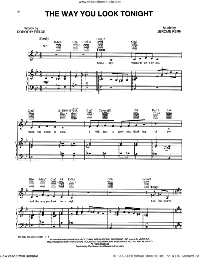 The Way You Look Tonight sheet music for voice, piano or guitar by Tony Bennett & Faith Hill, Dorothy Fields and Jerome Kern, wedding score, intermediate skill level