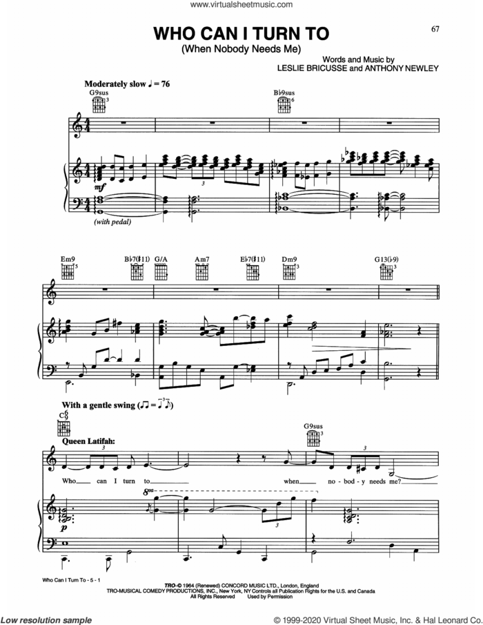 Who Can I Turn To (When Nobody Needs Me) sheet music for voice, piano or guitar by Tony Bennett & Queen Latifah, Anthony Newley and Leslie Bricusse, intermediate skill level