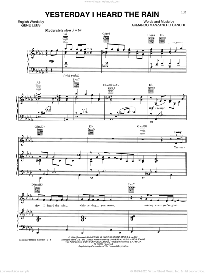 Yesterday I Heard The Rain sheet music for voice, piano or guitar by Tony Bennett & Alejandro Sanz, Armando Manzanero Canche and Eugene John Lees, intermediate skill level