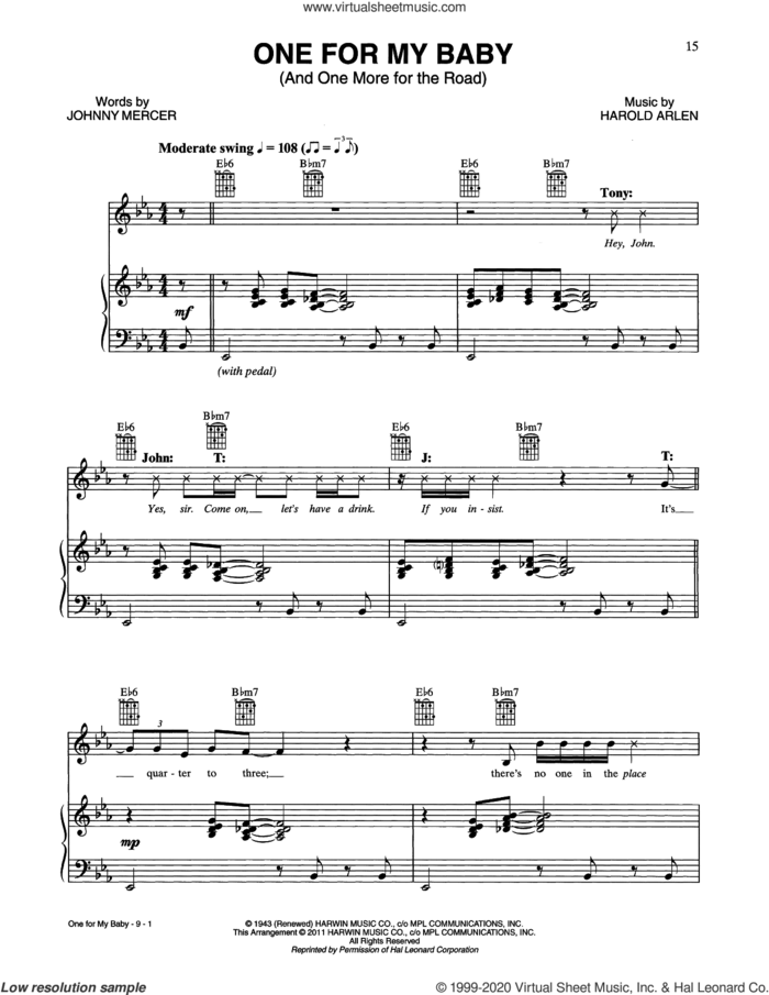 One For My Baby (And One More For The Road) sheet music for voice, piano or guitar by Tony Bennett & John Mayer, Harold Arlen and Johnny Mercer, intermediate skill level