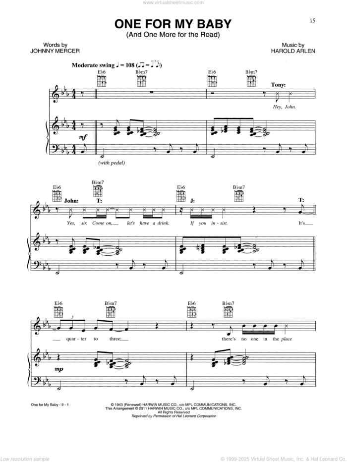 One For My Baby (And One More For The Road) sheet music for voice, piano or guitar by Tony Bennett & John Mayer, Harold Arlen and Johnny Mercer, intermediate skill level