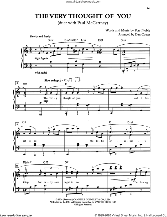 The Very Thought Of You (arr. Dan Coates) sheet music for piano solo by Tony Bennett & Paul McCartney and Ray Noble, easy skill level