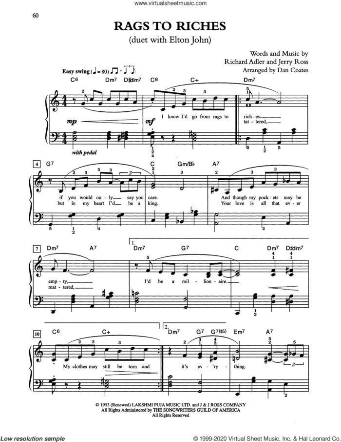 Rags To Riches (arr. Dan Coates) sheet music for piano solo by Tony Bennett & Elton John, Jerry Ross and Richard Adler, easy skill level