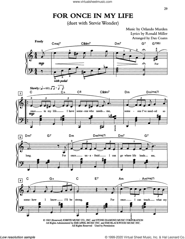 For Once In My Life (arr. Dan Coates) sheet music for piano solo by Tony Bennett & Stevie Wonder, Orlando Murden and Ron Miller, easy skill level