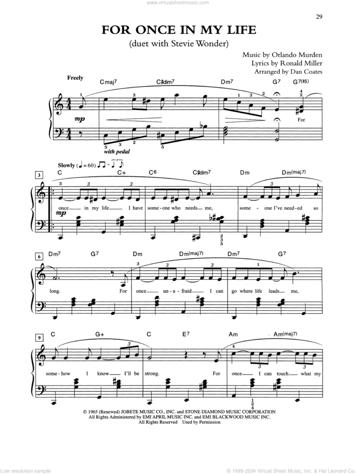 For Once In My Life (arr. Dan Coates) sheet music for piano solo by Tony Bennett & Stevie Wonder, Orlando Murden and Ron Miller, easy skill level