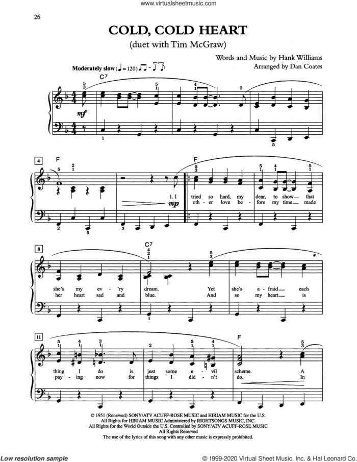Cold, Cold Heart (arr. Dan Coates) sheet music for piano solo by Tony Bennett & Tim McGraw and Hank Williams, easy skill level