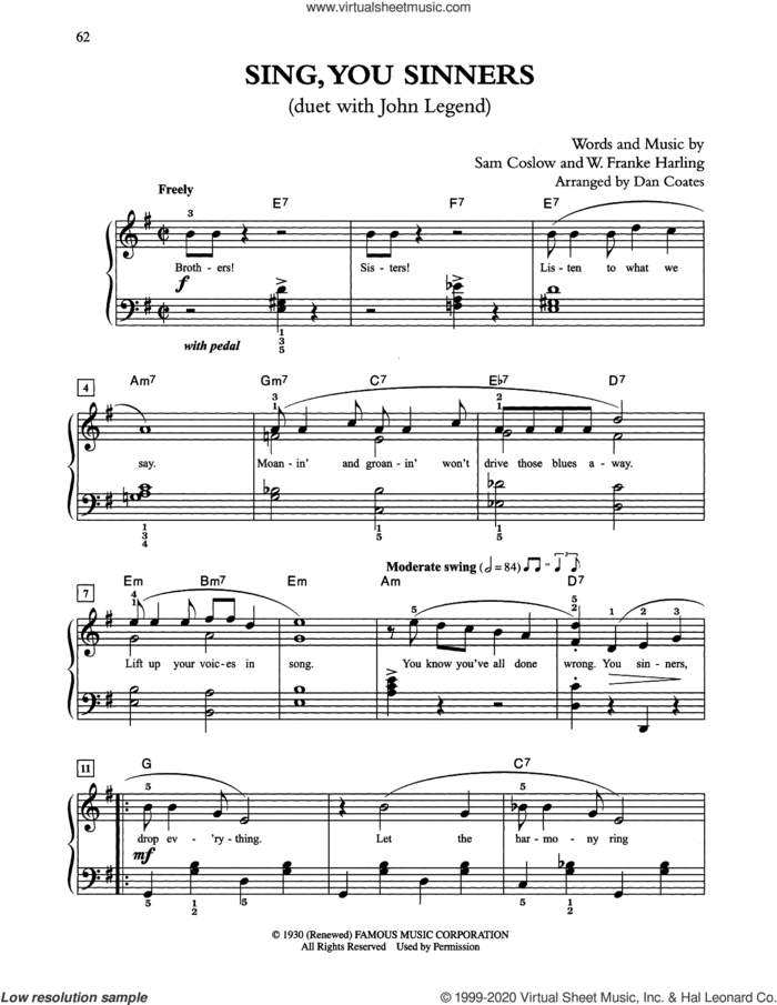Sing, You Sinners (arr. Dan Coates) sheet music for piano solo by Tony Bennett & John Legend, Sam Coslow and W. Franke Harling, easy skill level