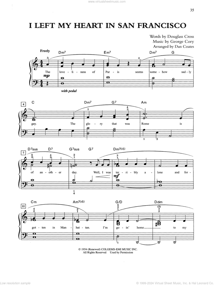 I Left My Heart In San Francisco (arr. Dan Coates) sheet music for piano solo by Tony Bennett, Douglass Cross and George Cory, easy skill level