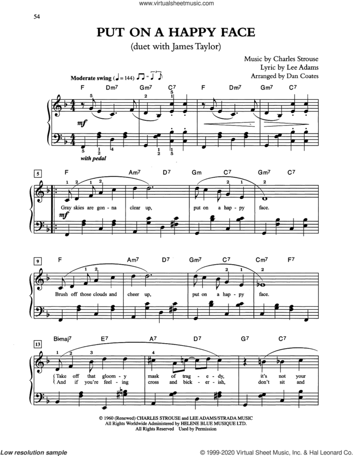 Put On A Happy Face (arr. Dan Coates) sheet music for piano solo by Tony Bennett & James Taylor, Charles Strouse and Lee Adams, easy skill level