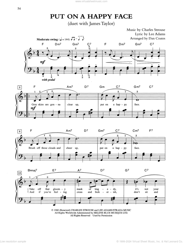 Put On A Happy Face (arr. Dan Coates) sheet music for piano solo by Tony Bennett & James Taylor, Charles Strouse and Lee Adams, easy skill level